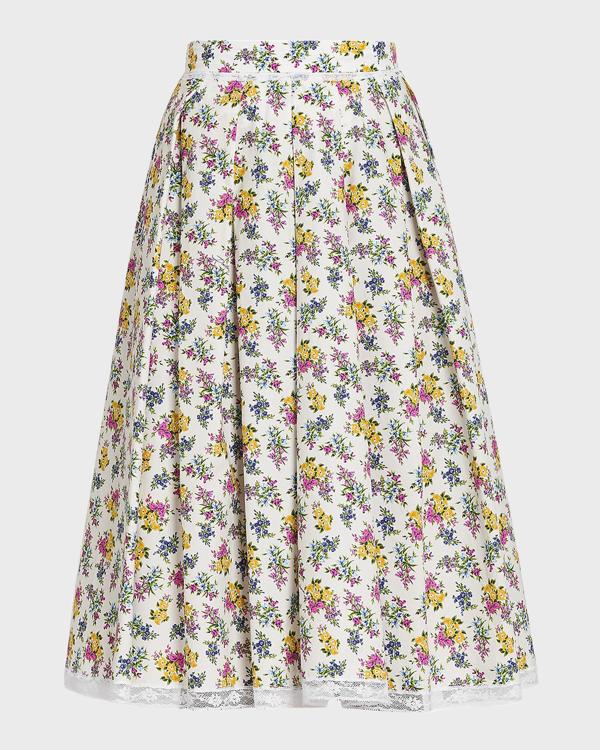 Dolce&Gabbana Rafia Fiori Floral Pleated Cotton Poplin Midi-Skirt