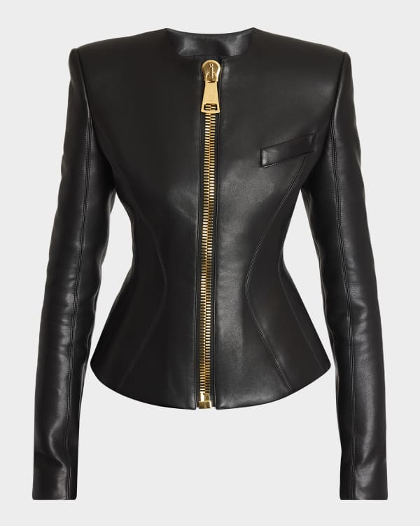Loewe Leather Zip-Up Drawstring Balloon Jacket | Neiman Marcus