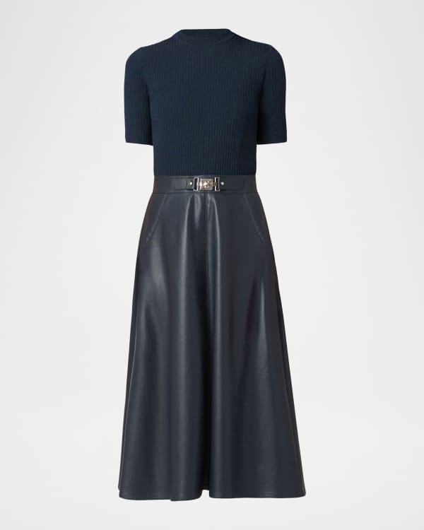 Shoshanna Cleo Combo Rib-Knit & Vegan Leather Midi Dress | Neiman