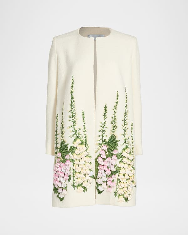 【Oscar de la Renta】スカラップ刺繍 ノーカラー ジャケット Oscar de la Renta Tweed Jacket w/ Jewel Button Detail | Neiman Marcus