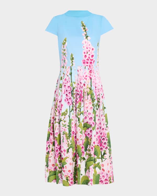 Oscar de la Renta Cherry Blossom Printed Denim Sleeveless Midi