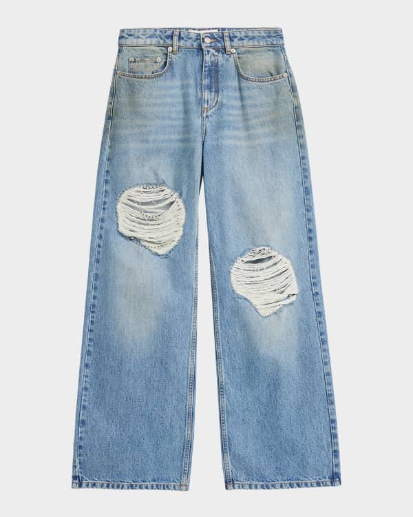 Marni Flower Patch Velvet-Waistband Wide-Leg Denim Trousers
