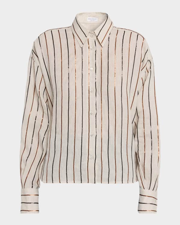 Brunello Cucinelli Monili Collar Long-Sleeve Poplin Shirt | Neiman