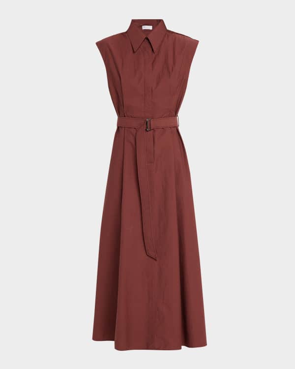 Brunello Cucinelli Soft Satin Pleated Midi Dress with Monili Strap Detail |  Neiman Marcus