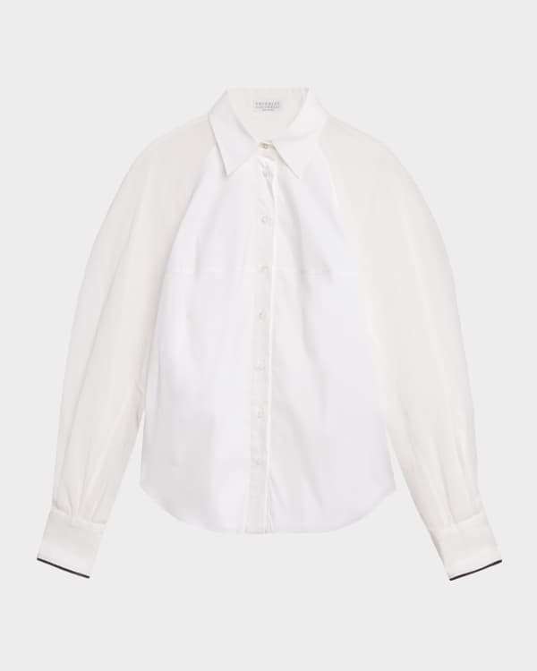 Brunello Cucinelli Cap-Sleeve Cotton Poplin Shirt w/ Monili Trim
