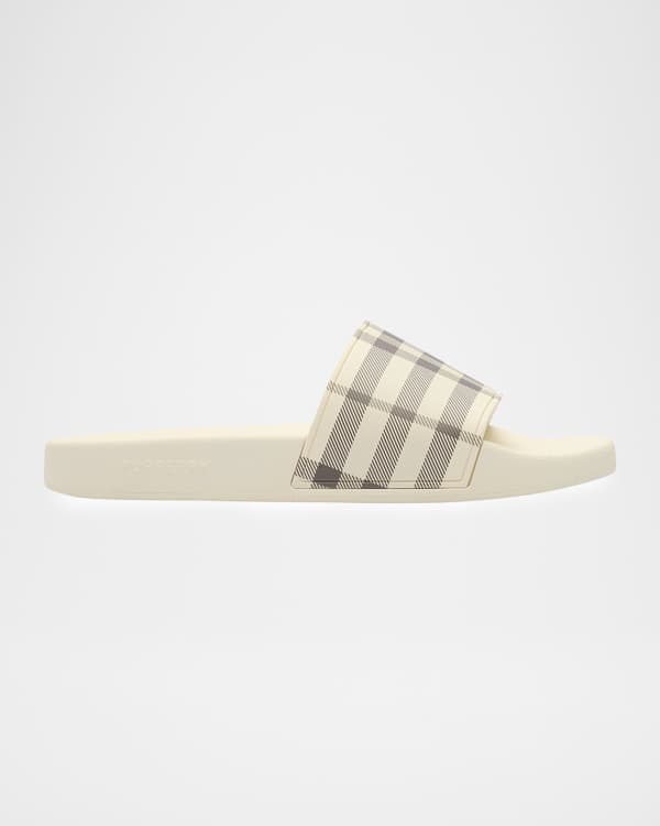 Burberry Mews Brass Check Four-Band Slide Sandals | Neiman Marcus