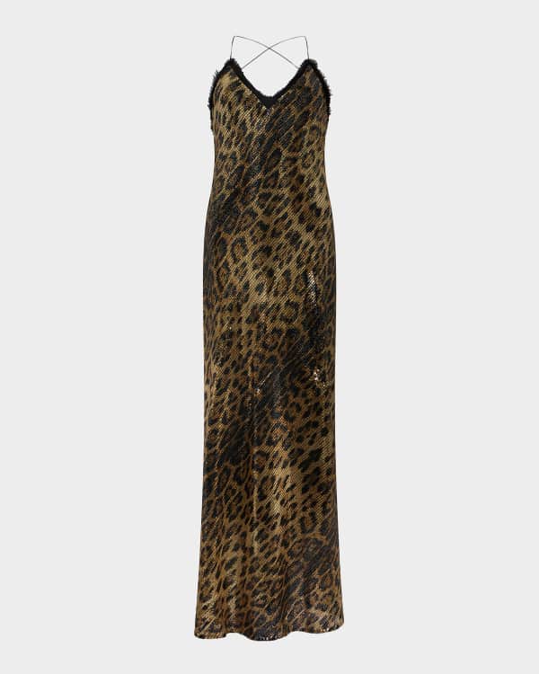 Roberto Cavalli Animal-Print Lace-Trim Open-Back Slip Gown
