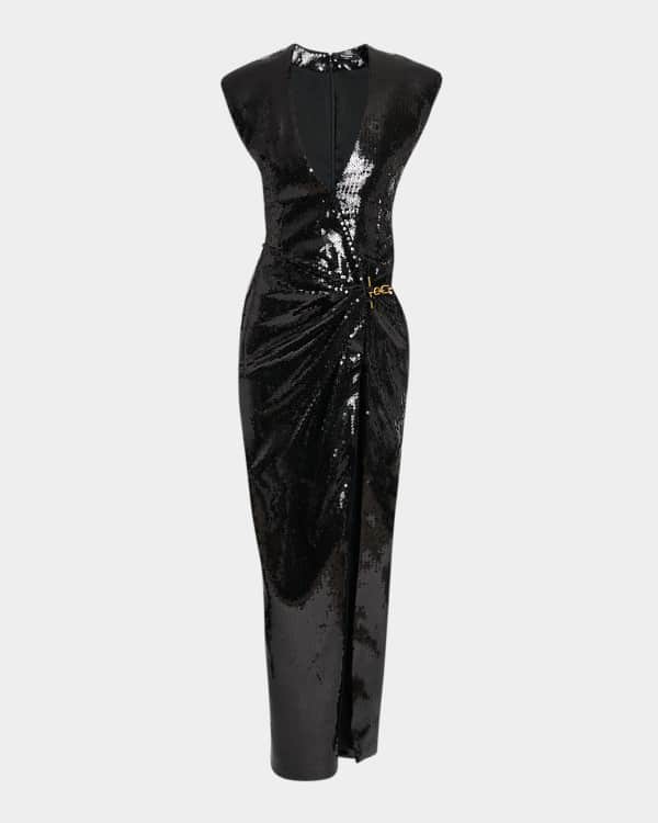 green emerald velvet dress Balmain Sequined Open-Back Gown Black Size 42 Long Sleeve Maxi Dress   Celebrity Owned