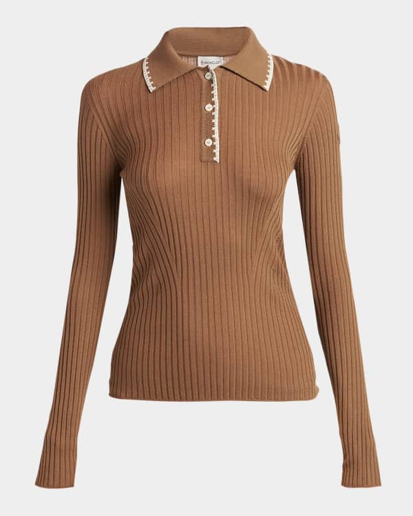 Chloe Lace-Collar Open Knit Polo Top | Neiman Marcus