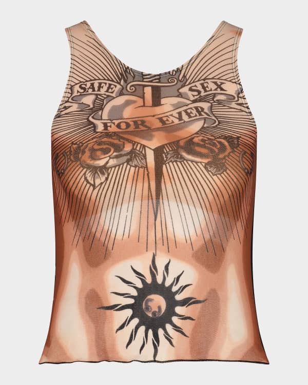 Jean Paul Gaultier Pigalle-Print Turtleneck Mesh Top | Neiman Marcus