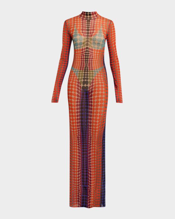 jean paul gaultier beige & orange graphic maxi dress Jean Paul Gaultier Re-Edition Butterfly-Print Mesh Lace-Up Maxi Dress