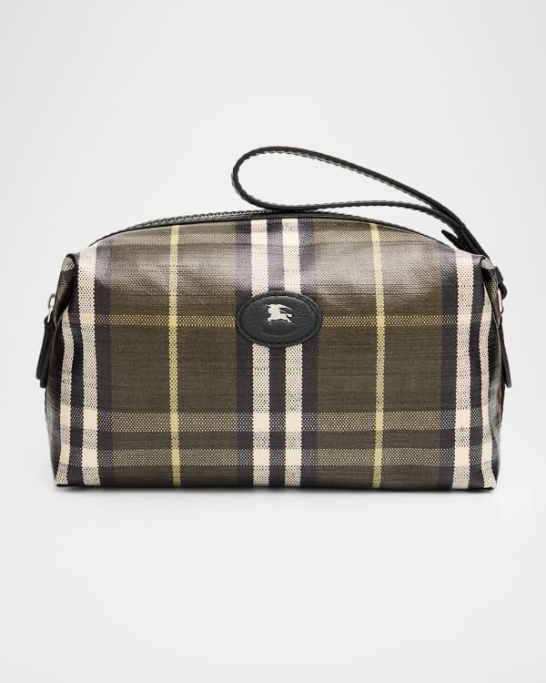 Burberry Men's Charcoal Check Leather Travel Zip Pouch | Neiman Marcus