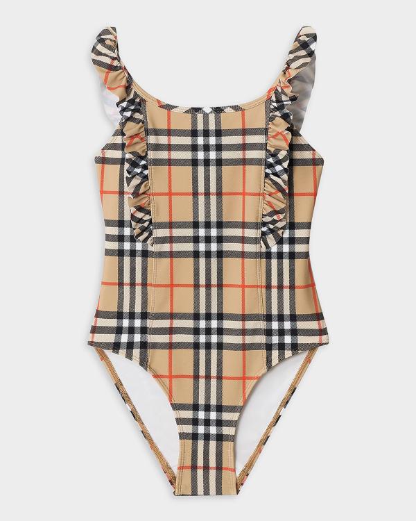 Burberry Girl's Ruffe-Trim Check Two-Piece Swimsuit, Size 3-14