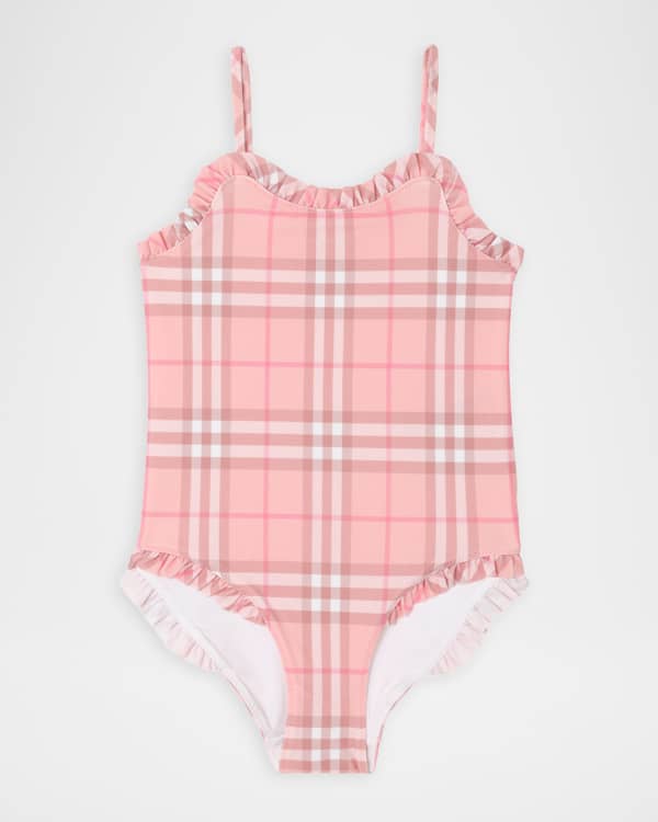 Burberry Girl's Fern Ruffled One-Shoulder Check One-Piece Swimsuit