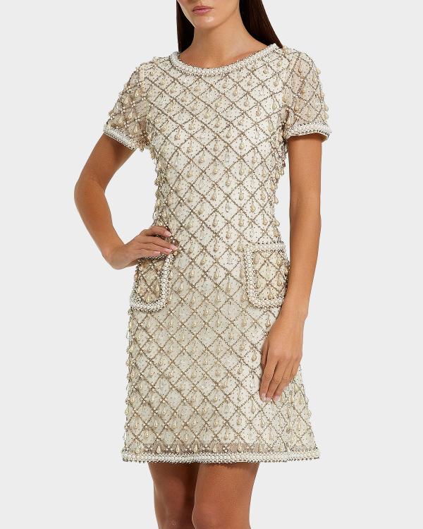 Mac Duggal Imitation Pearl Beaded Fringe Mini Dress