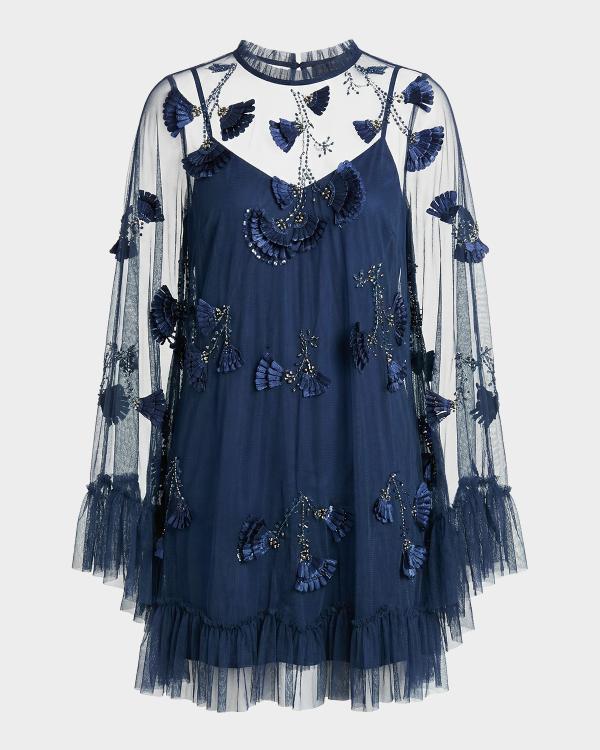 johnny was navy beaded mesh dress Floral-Embroidered Linen Mini Spellbound dress
