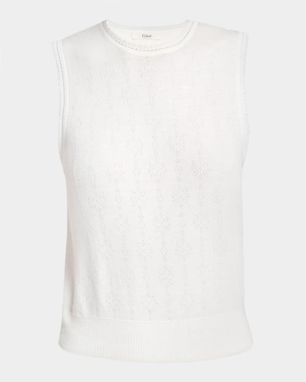 Chloe Cropped Pointelle-Knit Crewneck Sweater | Neiman Marcus