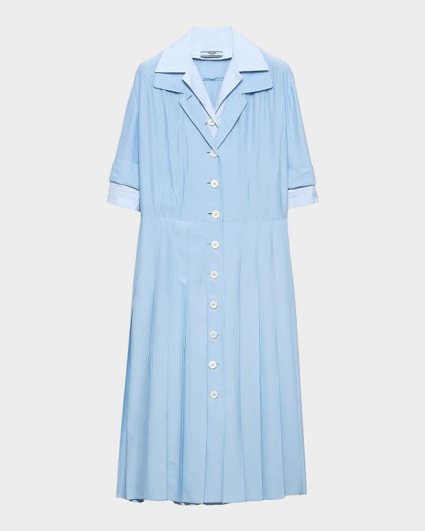 PRADA 長袖ドレスシャツ ライトブルー Prada Long-Sleeve Pleated Poplin Shirtdress | Neiman Marcus
