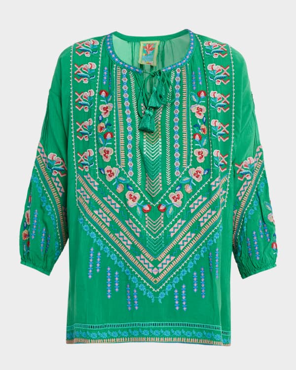 Johnny Was Emerie Tie-Neck Silk Chiffon Blouse | Neiman Marcus