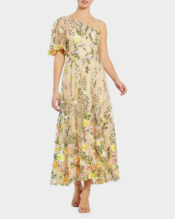 mac duggal cocktail floral embroidered v-neck midi-dress White V-Neck Sleeveless Midi Floral Beaded A-line Dress