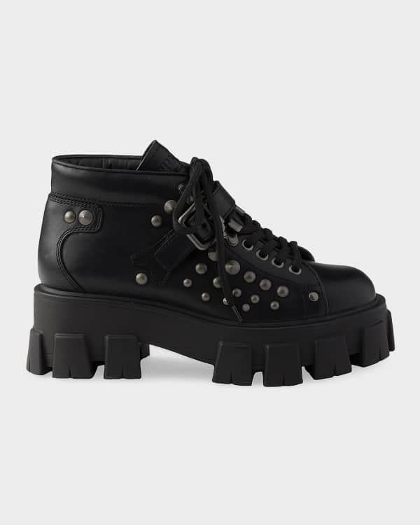 Prada Monolith Nylon Zip-Pocket Platform Riding Boots | Neiman Marcus