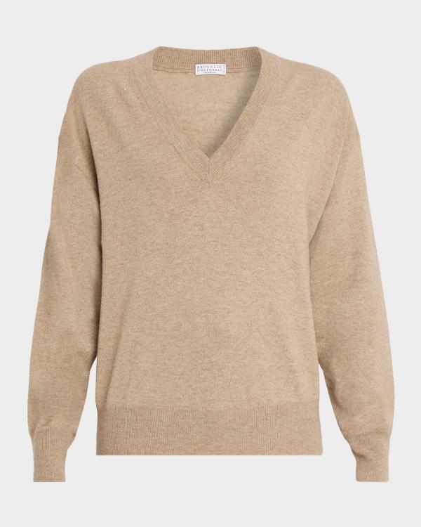 Brunello Cucinelli Sparkling Linen V-Neck Sweater | Neiman Marcus