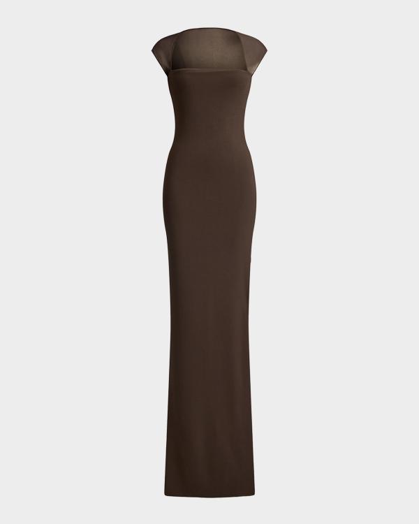 Jean Paul Gaultier Newspaper-Print Mesh High-Neck Sleeveless Maxi Dress