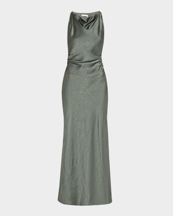 jean paul gaultier halter dress Water-Print Draped Satin Maxi Mardi Gras