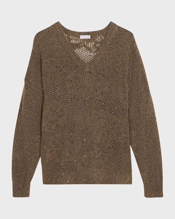 Brunello Cucinelli Sparkling Linen V-Neck Sweater | Neiman Marcus