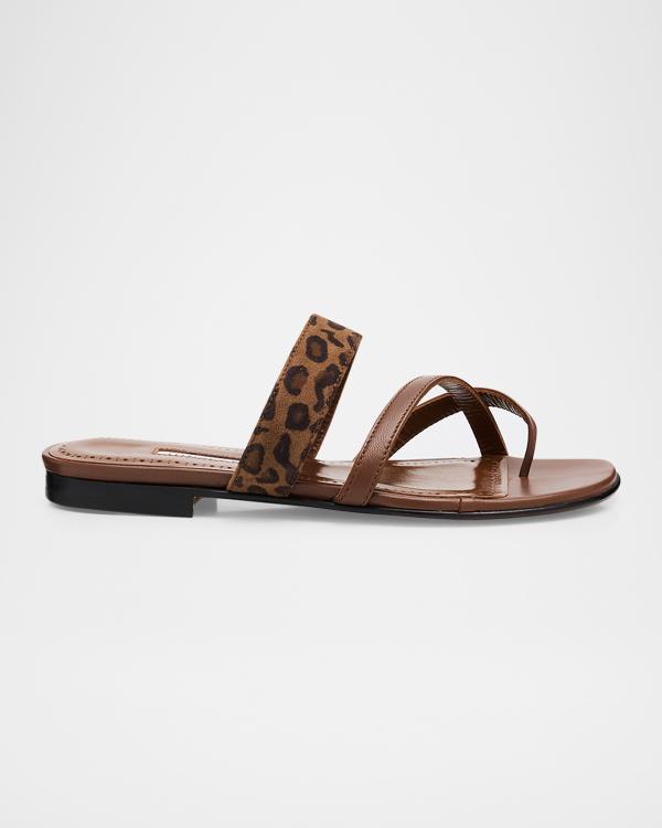 Manolo Blahnik Susaperf Snake-Embossed Leather Flat Sandals