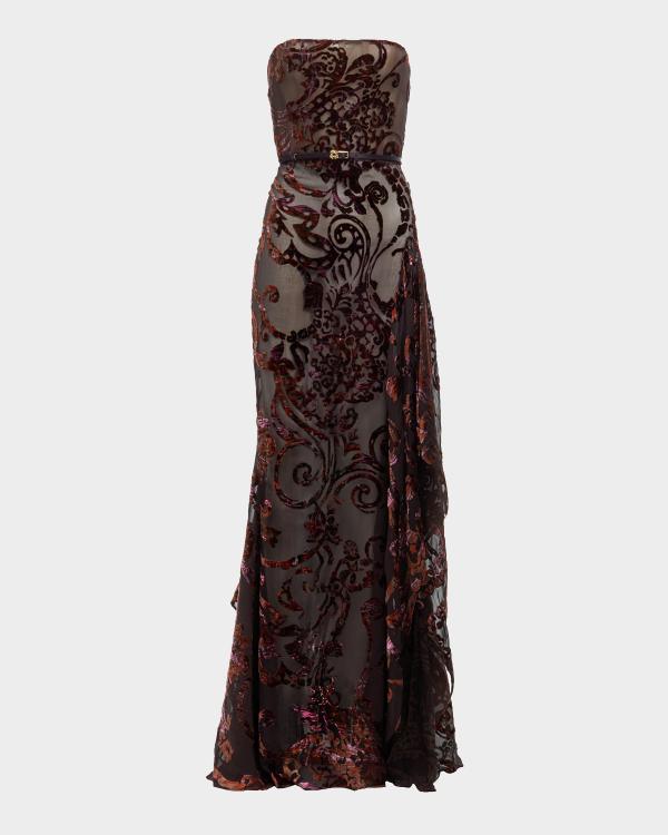 Elie Saab Strapless Sequined Floral Burnout Ball Gown