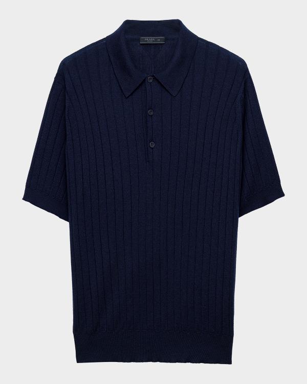トップス PRADA long sleeve knit polo shirts navy Prada Men's Long-Sleeve Cashmere Polo Shirt | Neiman Marcus