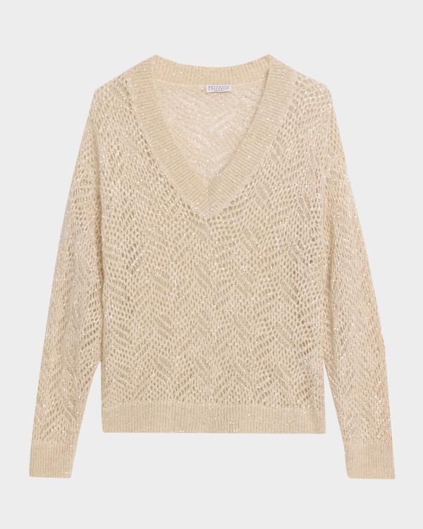 Brunello Cucinelli Openwork Braided Paillette Linen V-Neck Sweater