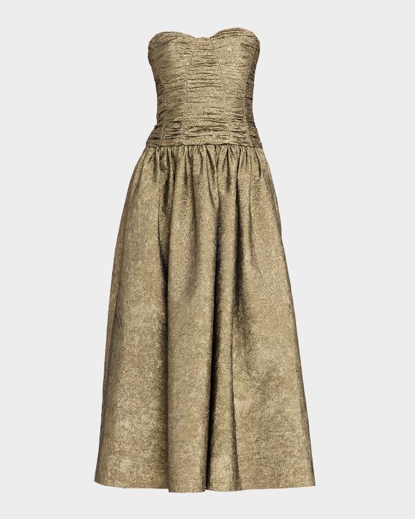 gold strapless brocade midi dress with pockets Mac Duggal Petite Fit & Flare w/ Evening dress