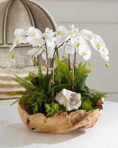 T&C Floral Company White Orchid Faux-Floral Arrangement in Wooden Bowl