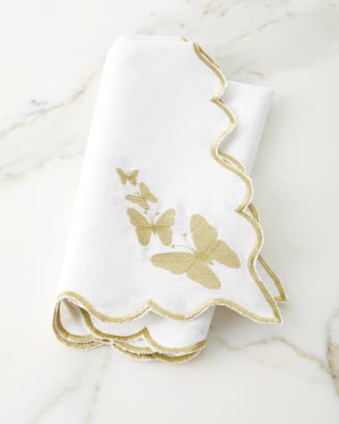 Nomi K White Linen Butterfly Gold Embroidery Napkin, 24"Sq.