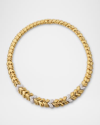 NM Estate Estate 18K Yellow Gold and White Gold Tapered Corrugated Puff Necklace with Diamonds