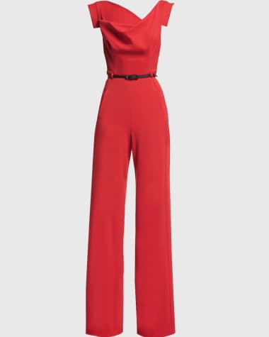 Black Halo Jackie Cap-Sleeve Belted Wide-Leg Jumpsuit