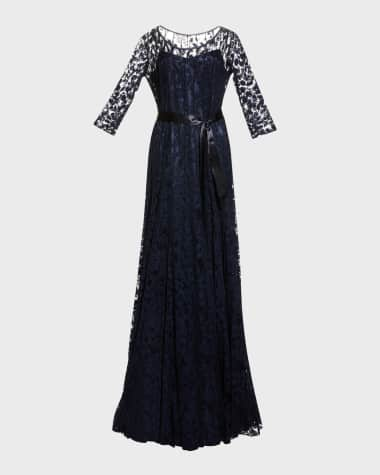 Rickie Freeman for Teri Jon 3/4-Sleeve Lace Overlay Gown