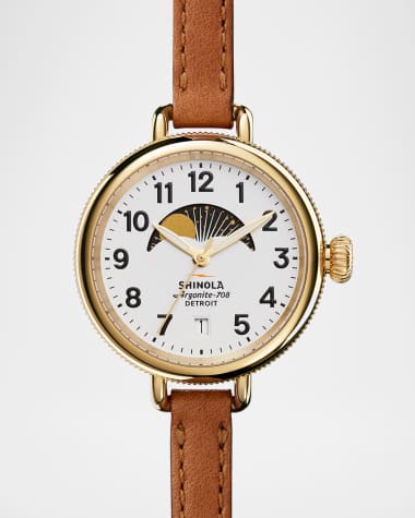Shinola 34mm Birdy Moon Phase Watch with Leather Strap, Brown/White