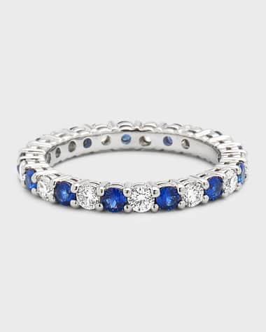 Neiman Marcus Diamonds Prong-Set Diamond & Sapphire Band Ring in Platinum, Size 6.5