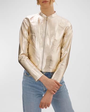 LaMarque Reversible Zip-Front Lamb Leather Metallic Bomber Jacket