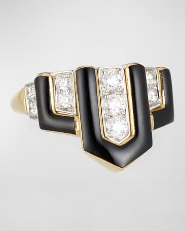 David Webb Geometric Black Enamel & Diamond Ring, Size 6.25
