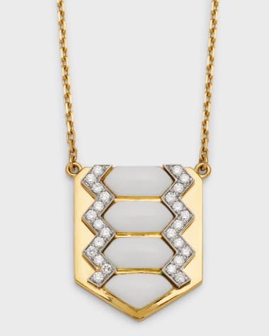David Webb Motif Diamond & White Enamel Shield Necklace