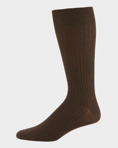 Neiman Marcus Ribbed Merino-Silk Mid-Calf Socks