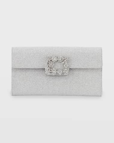 Roger Vivier Floral Crystal-Buckle Glitter Fabric Envelope Clutch Bag