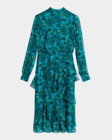 Saloni Isa Mock-Neck Floral-Print Silk Midi Dress