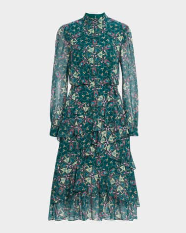 Saloni Isa Mock-Neck Floral-Print Silk Midi Dress