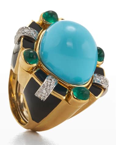 David Webb Turquoise, Emerald and Diamond Ring, Size 6.5