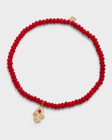 Sydney Evan 3mm Beaded Coral Bracelet with Diamond Hamsa Pendant